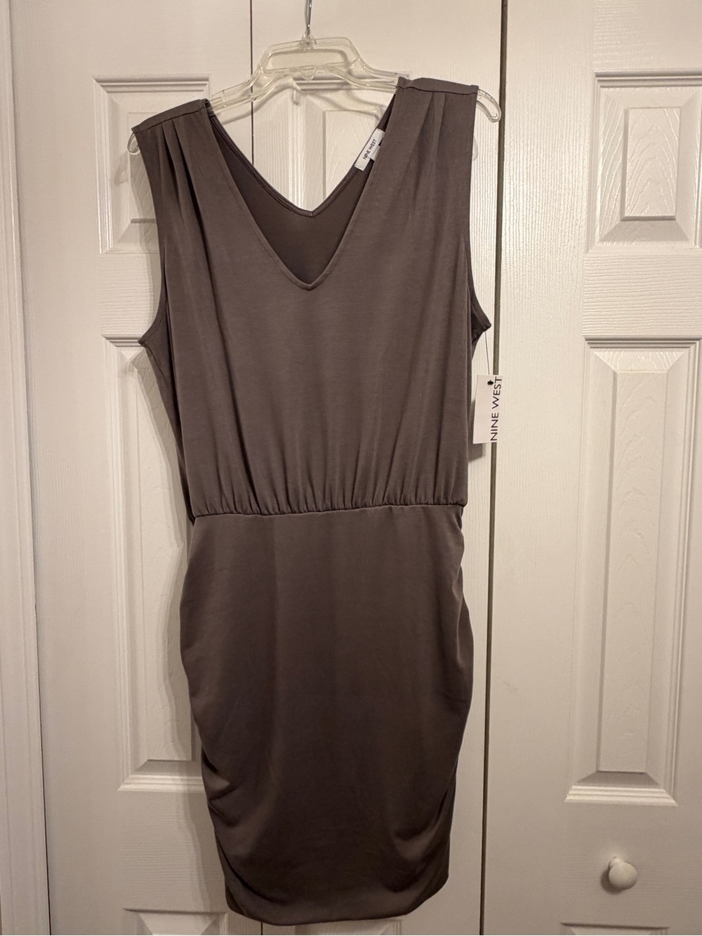 Nine West Sleeveless V-Neck Midi Dress in Taupe